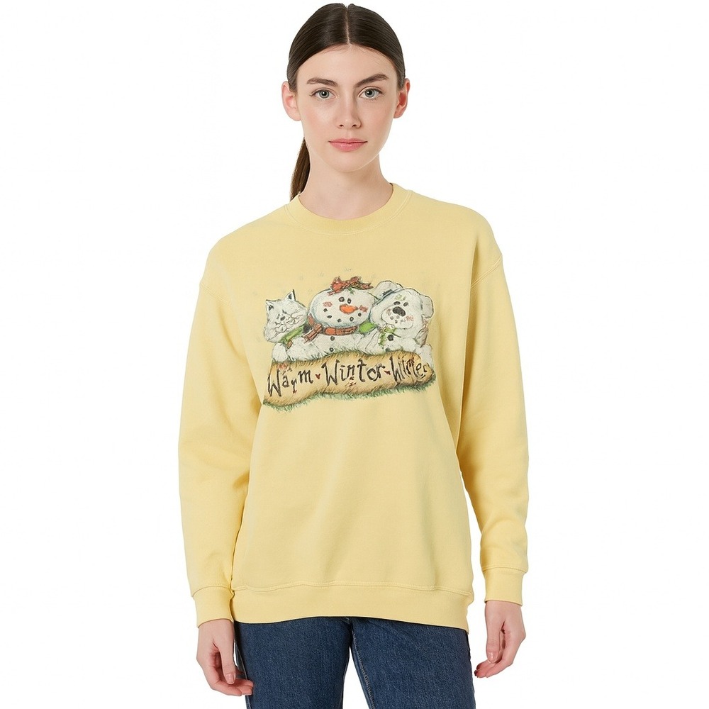 Jerzees Women's Sweatshirt Vintage Yellow Graphic Winter Wishes Cat Snowman Dog